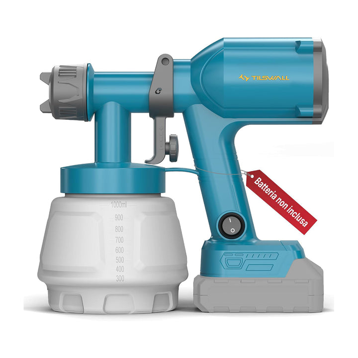 Tilswall Pistola a Spruzzo per Verniciare a Batteria 18V, Serbatoio 1000ml con 3 Modalità di Spruzzo e 2 Ugelli